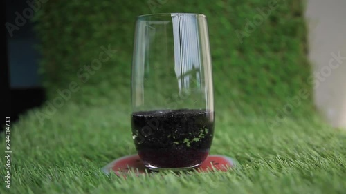 swelling basil seeds in a glass cup against the background of green grass on a stand in the shape of a watermelon. superfood time laps