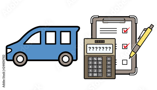 普通車の保険見積りのイラスト（車とチェックリストと電卓）