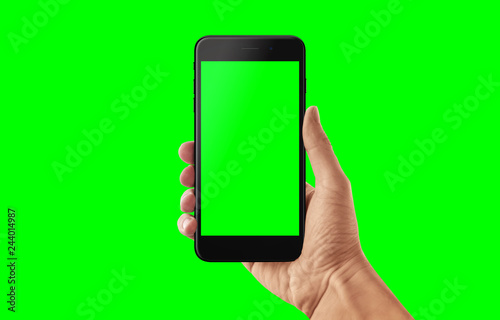 Isolated smart phone and hand in green, chroma key. Video app presentation mockup.