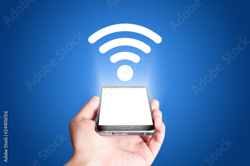 Wifi icon. Mobile phone on blue background