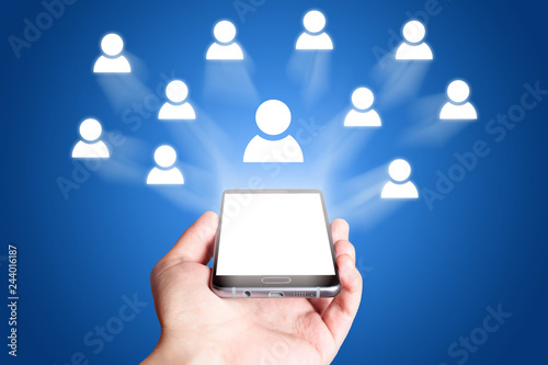 Social network icon. Mobile phone on blue background