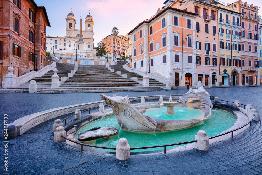 Spanish Steps, Rome. Cityscape image of Spanish Steps and Barcaccia Fountain in Rome, Italy during sunrise.
