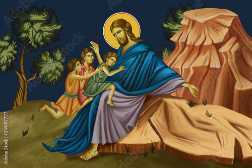 Jesus Christ and kids. Illustration - fresco in Byzantine style.