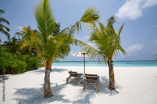 Tropical beach background as summer landscape with lounge chairs and white sand and calm sea for beach banner.