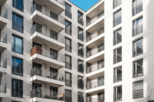 balcony facade on corner of modern apartment building complex