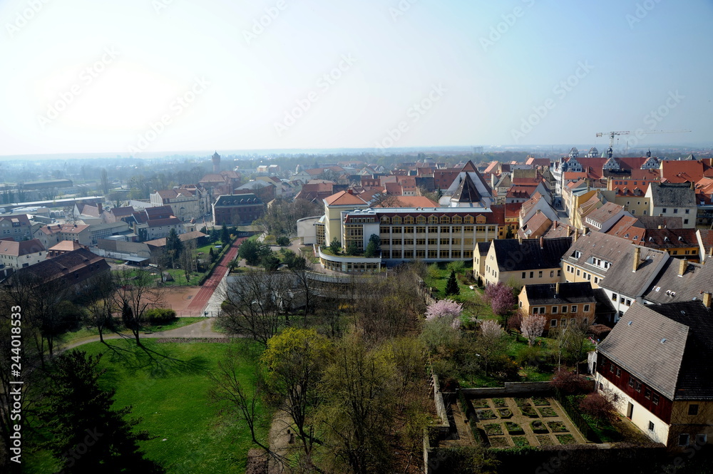 Torgau, Rundblick vom Schlossturm auf Stadt und Elbe 