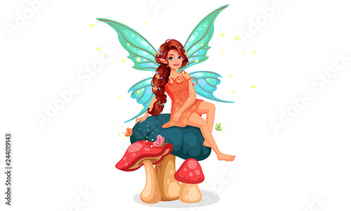 Cute little fairy with beautiful long braided hairstyle sitting on mushroom