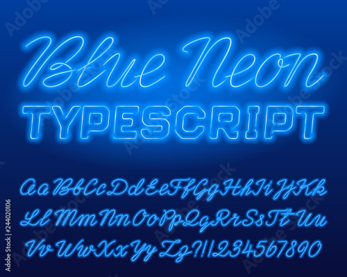 Blue Neon typescript. Blue color lowercase and uppercase shiny letters and numbers. Stock vector alphabet font for your typography design.