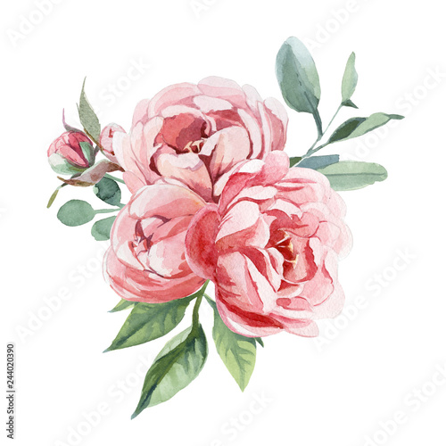 Watercolor bouquet of peony and blosom flowers isolate in white background for wedding  invitation  valentine cards and prints