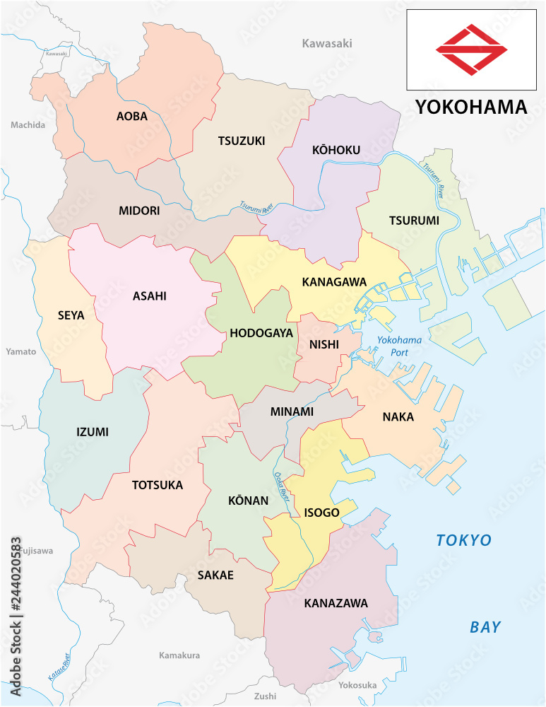 yokohama administrative and political vector map with flag