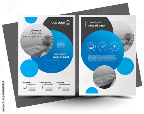 Flyer brochure design template, creative leaflet, trend cover sphere disc blue color