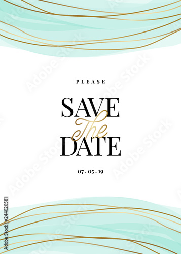 Gold and Light Blue Frame Save the Date Card Template