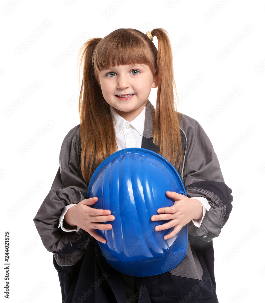 Portrait of cute little worker on white background Portrait of cute little worker on white background