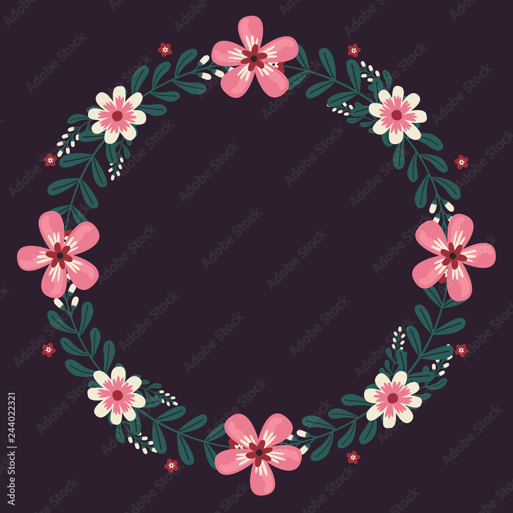 Floral greeting card and invitation template for wedding or birthday anniversary, Vector circle shape of text box label and frame, Pink flowers wreath ivy style with branch and leaves. Floral greeting card and invitation template for wedding or birthday anniversary, Vector circle shape of text box label and frame, Pink flowers wreath ivy style with branch and leaves.