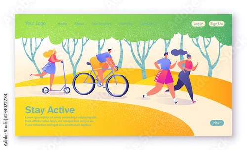 Concept of landing page on healthy lifestyle theme. Active people sports. Happy characters riding bicycle, couplerunning, woman on pushscooter. Healthy lifestyle concept for mobilewebsite, web page. photo