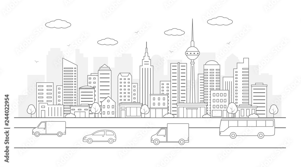 Modern urban landscape. City life illustration with house facades,road and other urban details. Line art. Vector.