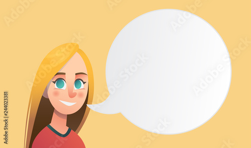Girl with long blonde hair in cartoon style with speeech bubble. Beautiful vector flat design set template. Flyer nd site elements.