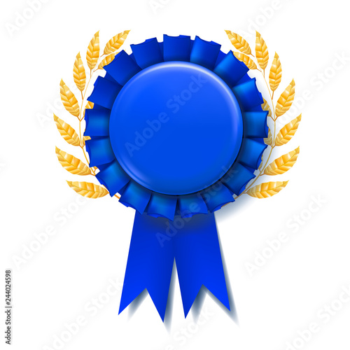 Blue Award Ribbon Vector. Reward Rosette. Abstract Sign. Quality Background. 3D Realistic Illustration