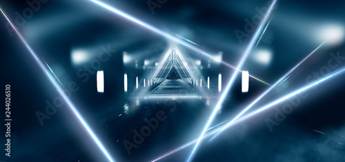    Abstract black tunnel with a light pyramid, neon triangle, smoke, wet asphalt, night view.