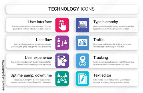 Set of 8 white technology icons such as User Interface, flow, Experience, Uptime &amp; downtime, Type hierarchy, Traffic isolated on colorful background