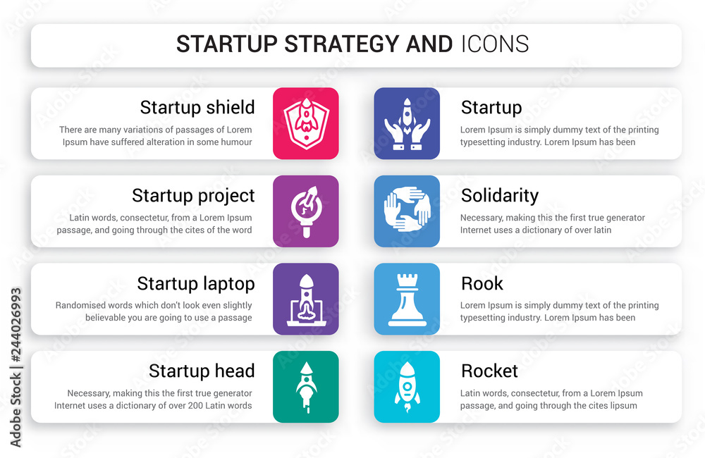 Εκτύπωση καμβά Set of 8 white startup strategy and icons such as Shield, Project Search, Laptop