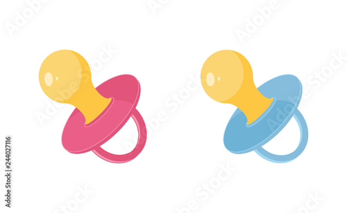 Baby pacifier vector illustration set - pink and blue newborn dummy for girls and boys in flat style.