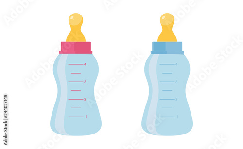 Baby bottle vector illustration set - plastic or glass container with nipple for feeding of newborn in flat style.