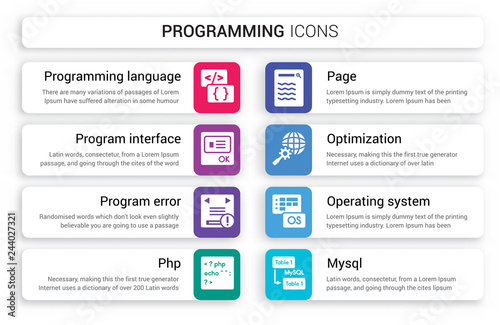 Set of 8 white programming icons such as Programming language, Program Interface, error, Php, Page, Optimization isolated on colorful background