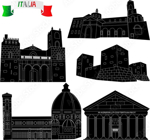 Architectural monuments of Italy on a white background. Black silhouettes of sights