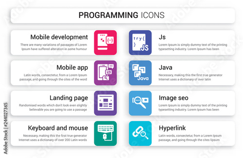 Set of 8 white programming icons such as Mobile development, app, Landing page, Keyboard and mouse, Js, Java isolated on colorful background