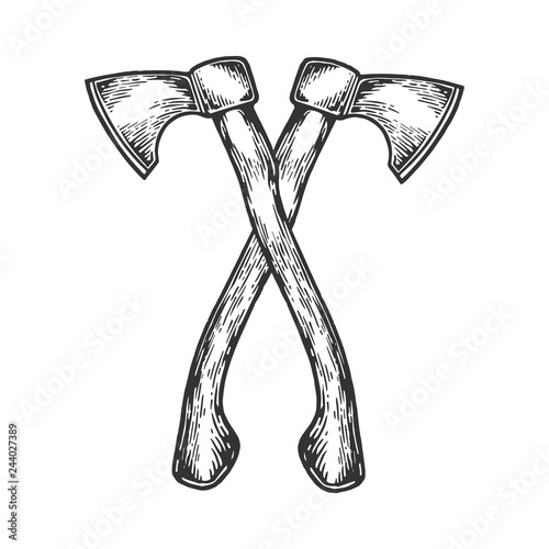 Crossed axes engraving vector illustration. Scratch board style imitation. Black and white hand drawn image.