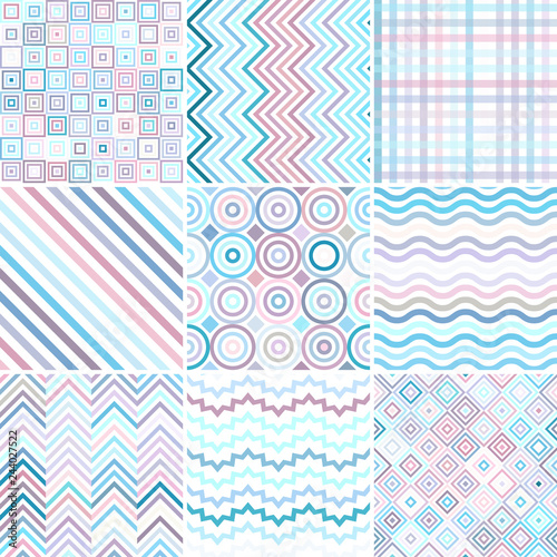 Set with nine pastel seamless abstract geometric pattern, vector illustration