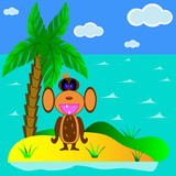 Monkey on the island against the background of a palm tree, the sea and the sky