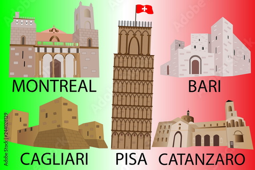 Flag of Italy with architectural monuments. Insulated objects of historic buildings