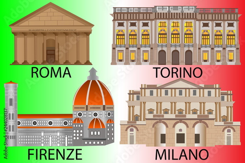 Flag of Italy with architectural monuments. Insulated objects of historic buildings