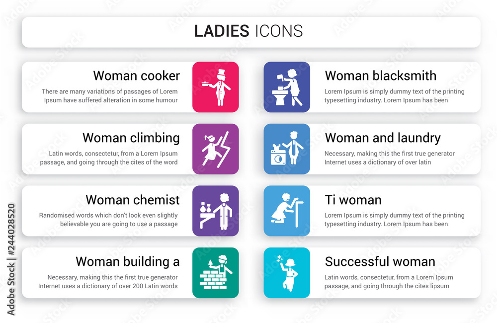 Φωτογραφία Set of 8 white ladies icons such as Woman Cooker, Climbing, Chemist, Building a
