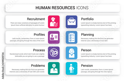 Set of 8 white human resources icons such as Recruitment, Profiles, Process, Problems, Portfolio, Planning isolated on colorful background