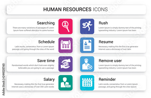 Set of 8 white human resources icons such as Searching, Schedule, Save time, Salary, Rush, Resume isolated on colorful background