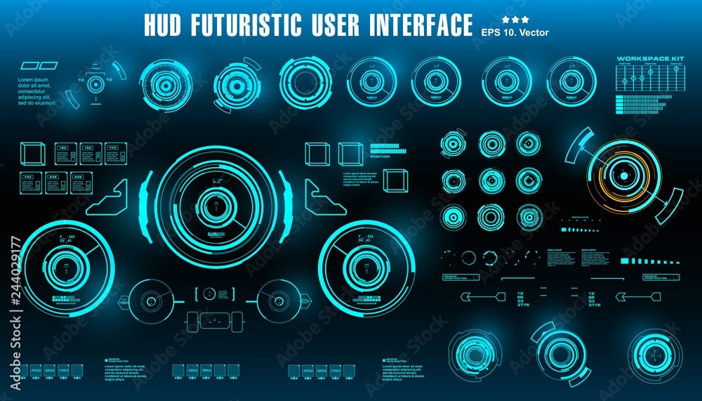 HUD futuristic blue user interface, dashboard display virtual reality technology screen, target HUD futuristic blue user interface, dashboard display virtual reality technology screen, target