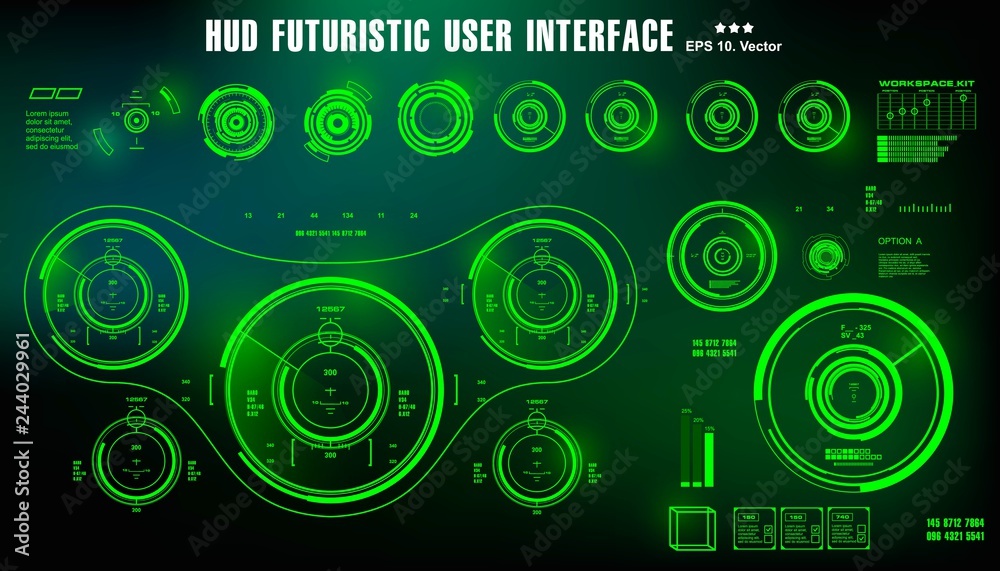 Dashboard display virtual reality technology screen. HUD futuristic green user interface, target Dashboard display virtual reality technology screen. HUD futuristic green user interface, target