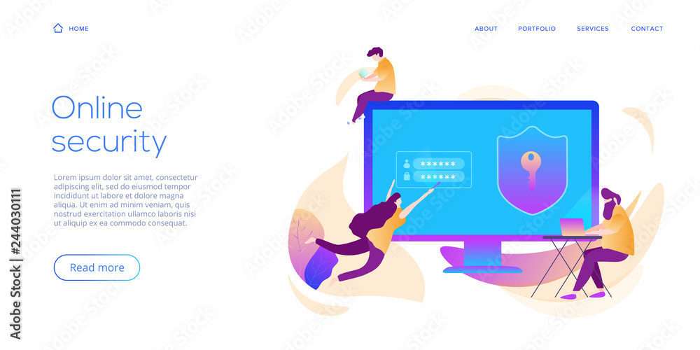 Personal data security in creative flat vector illustration. Online computer or mobile protection system concept. People making secure transfer or transaction with password via internet.