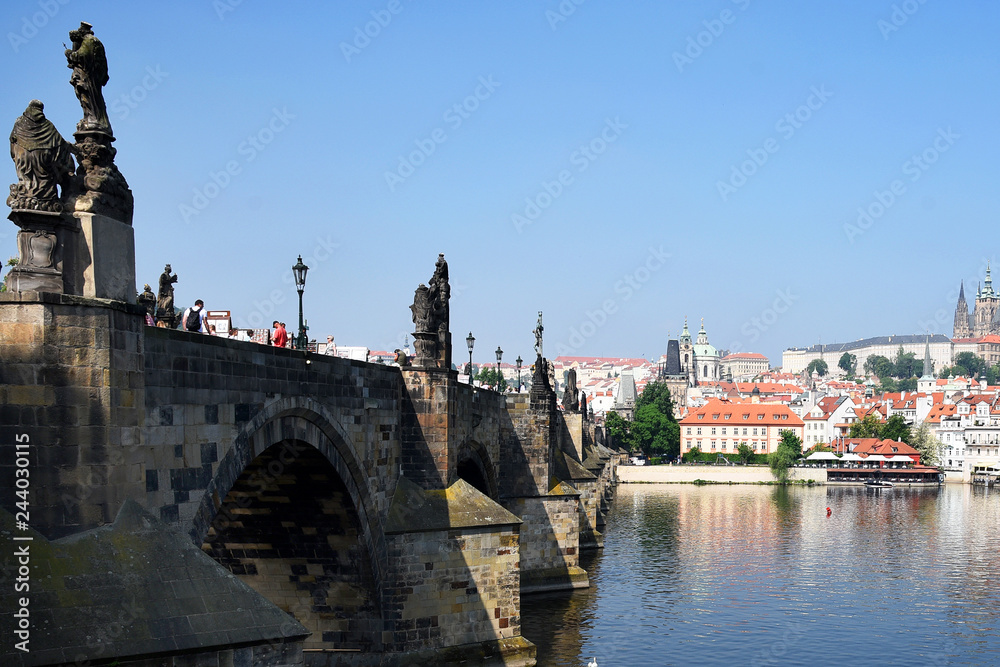 Prague, Czech Republic,Tourists walk along the Charles Bridge on a sunny spring day.
 
