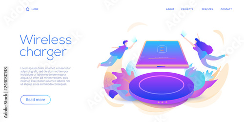 Creative flat vector illustration for inductive smartphone charging device. Mobile wireless charger background. Website landing layout for cordless power station device. Phone battery pad concept.