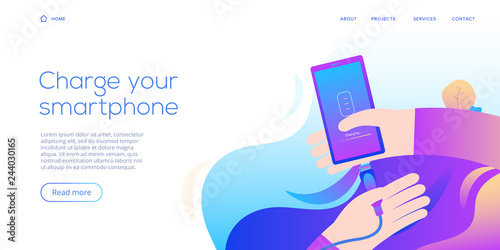 Cable smartphone charger in flat design illustration. Abstract vector background for mobile cord charging device. Web site landing page template or internet site layout for phone power station.