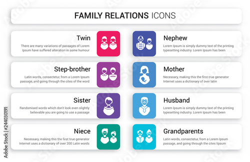 Set of 8 white family relations icons such as twin, step-brother, sister, niece, nephew, mother isolated on colorful background