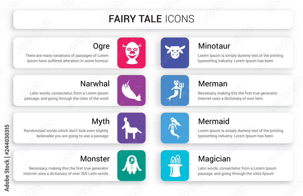 Set of 8 white fairy tale icons such as ogre, Narwhal, myth, Monster, Minotaur, Merman isolated on colorful background - obrazy, fototapety, plakaty 