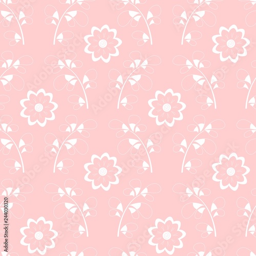 Trendy modern damask floral pattern, white hand drawn elements on pastel pink background. Vector seamless pattern tile in two colors. 