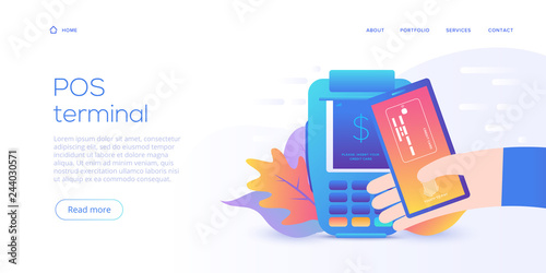 Internet banking concept in flat vector design. Digital payment or online money transfer service. POS pay with smartphone digital wallet. Website banner or webpage layout template.