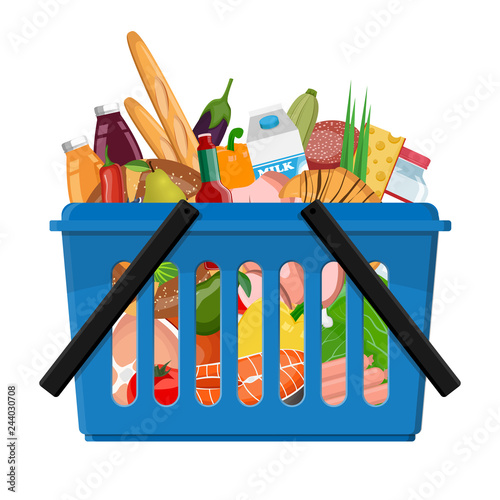 Shopping cart from a supermarket with a full variety of food.