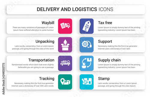 Set of 8 white delivery and logistics icons such as waybill, Unpacking, Transportation, Tracking, Tax free, Support isolated on colorful background